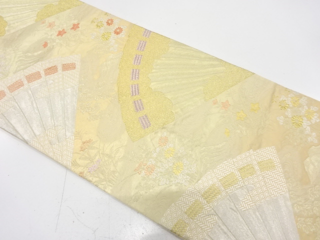 アンティーク　桧扇に流水・草花模様織り出し袋帯（材料）